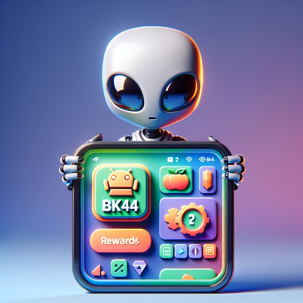 BK44 app themed cartoon character holding a smartphone with app icons and rewards