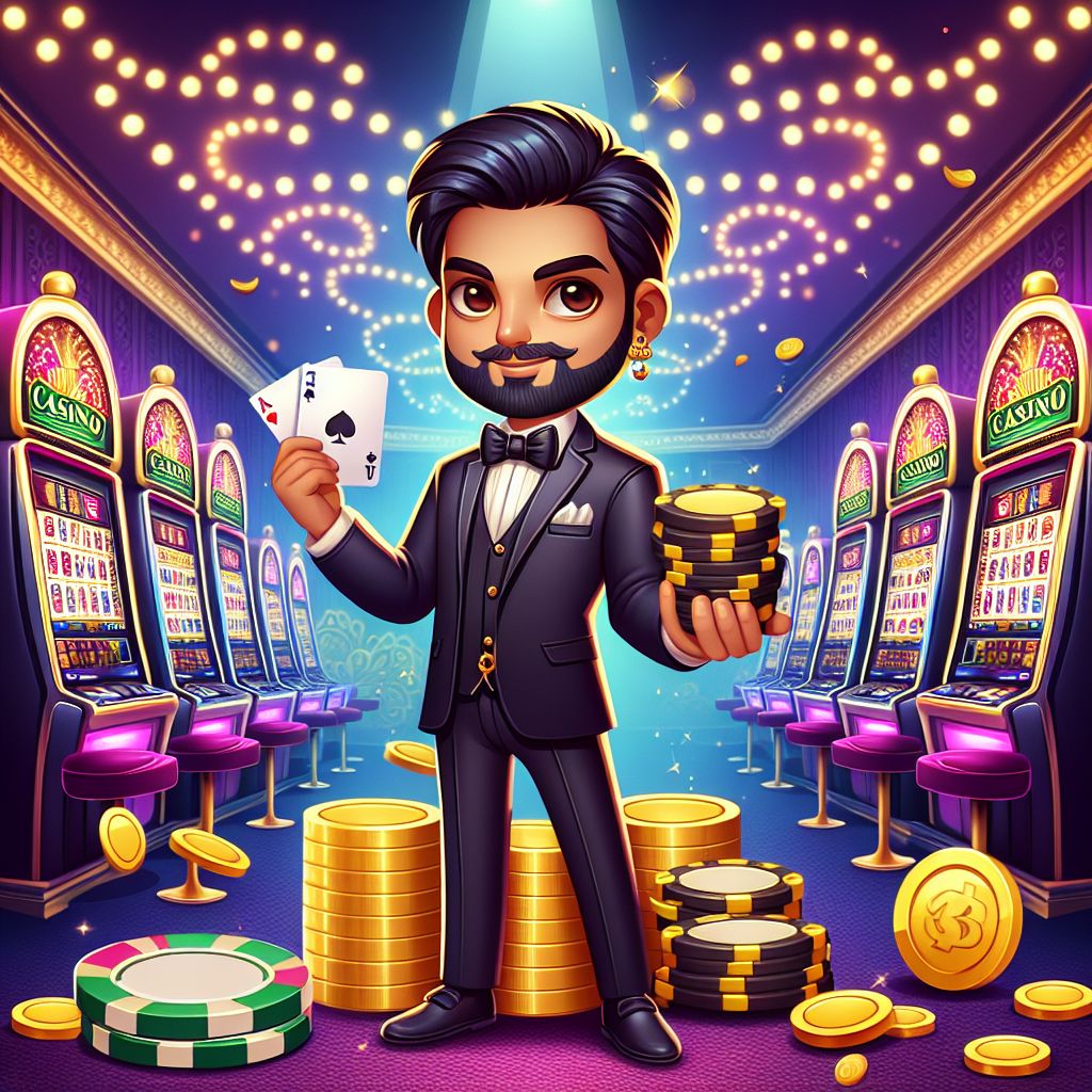 BK44 Casino cartoon characters with chips, cards, and coins in a lively gaming scene