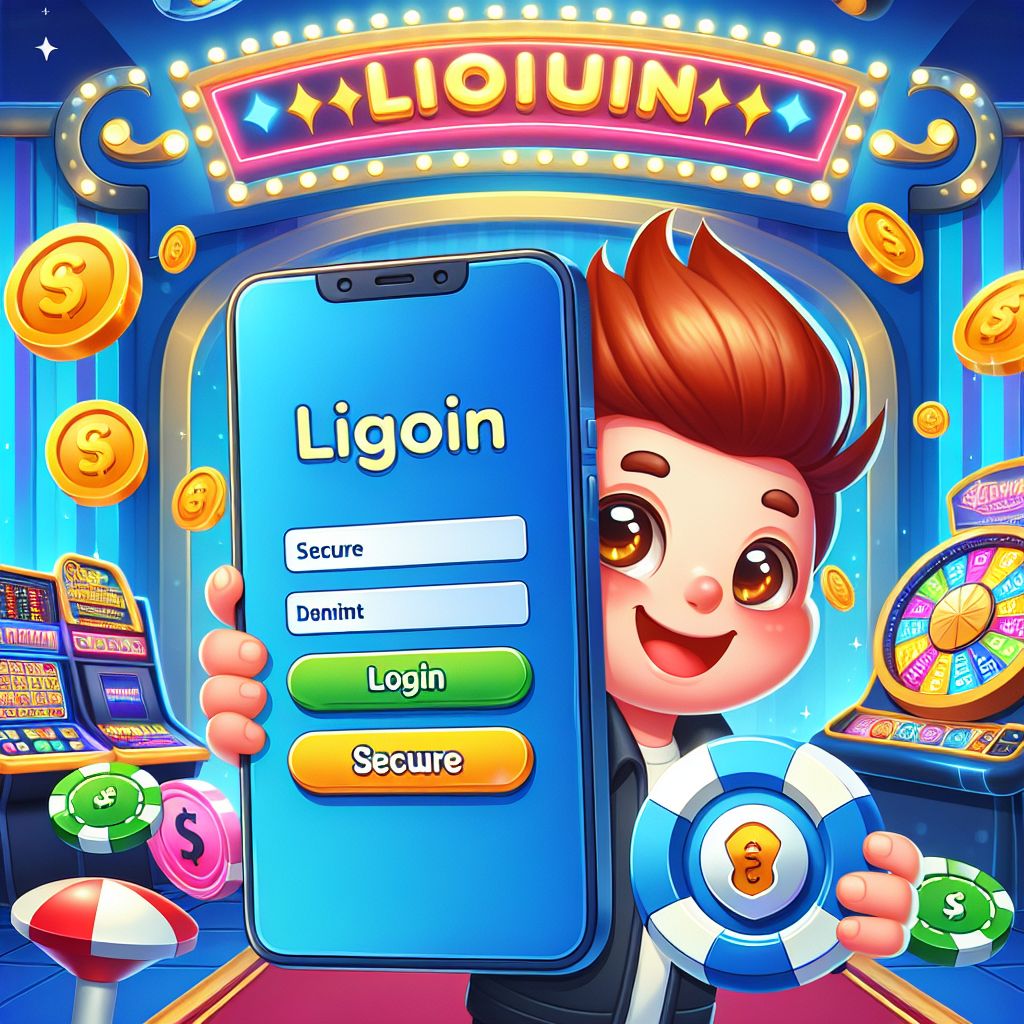 BK44 themed cartoon character using a mobile login screen with coins and gaming icons