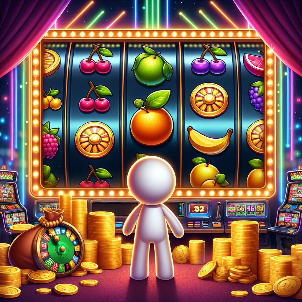 BK44 themed cartoon slot character with coins and reels